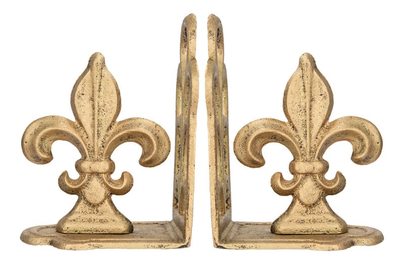 Creative Co-Op Decorative Metal Fleur de Lis Bookends, Gold, Set of 2 - Image 1